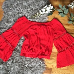 Off the shoulder cropped red bell sleeve top ❤️